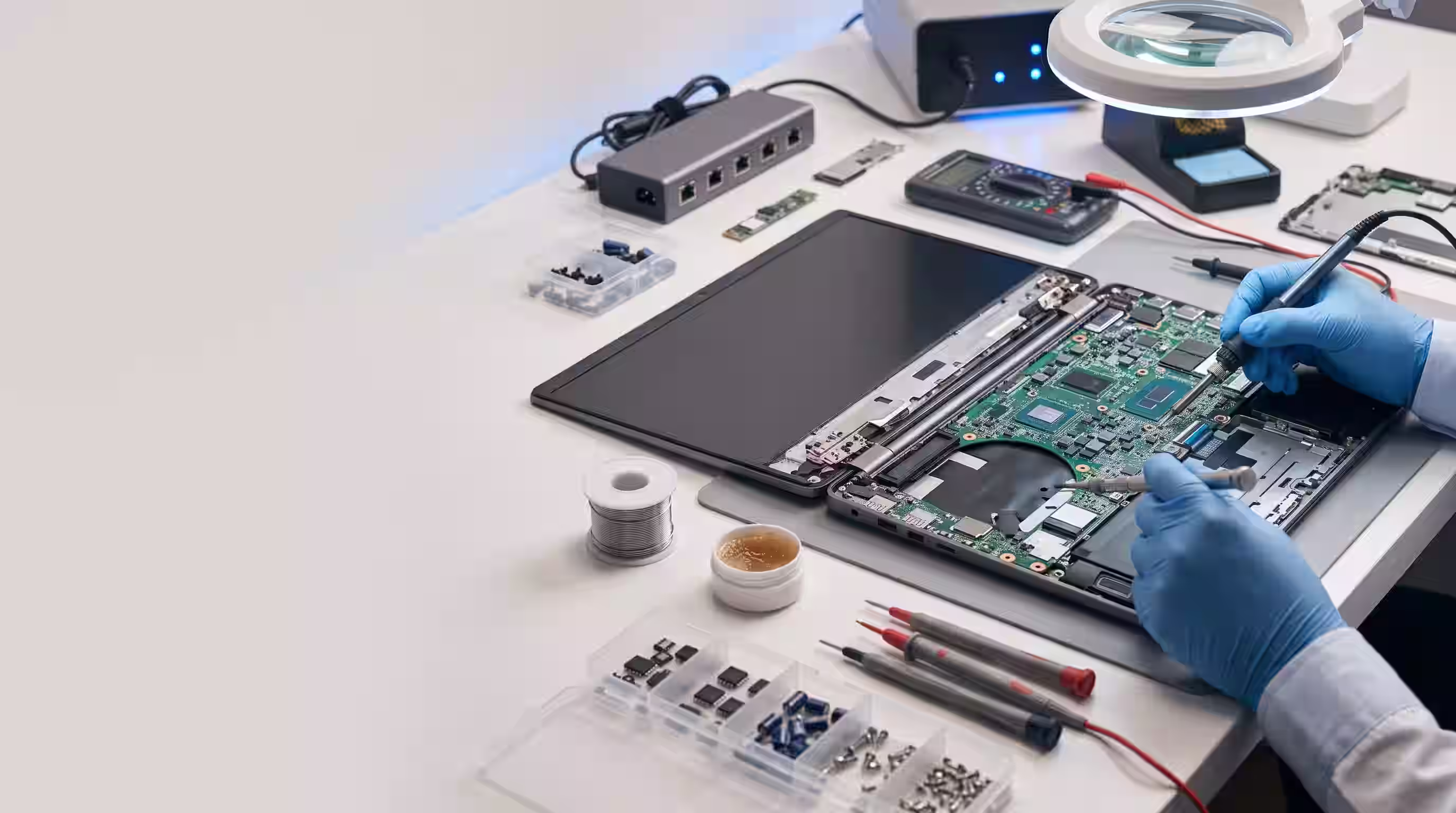 Technician repairing a laptop motherboard at a professional service workbench